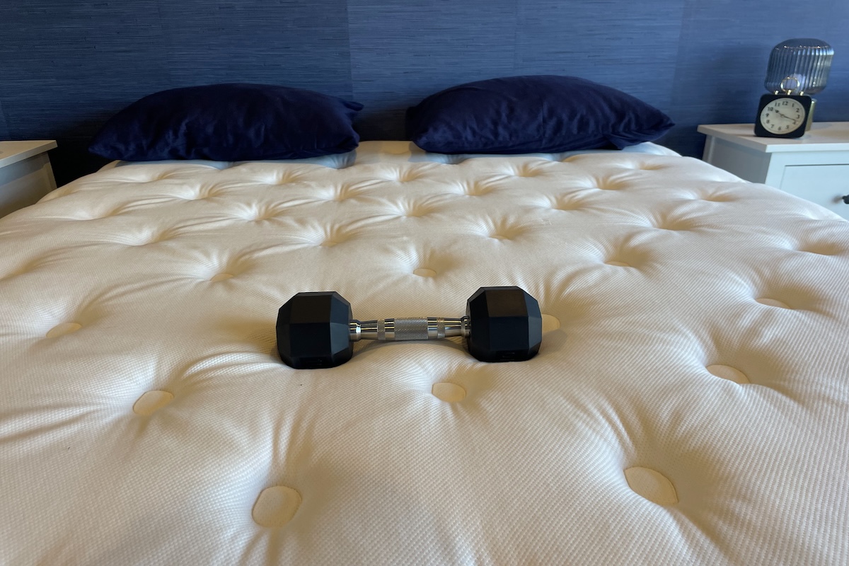 We tested motion transfer with a 10-pound dumbbell.